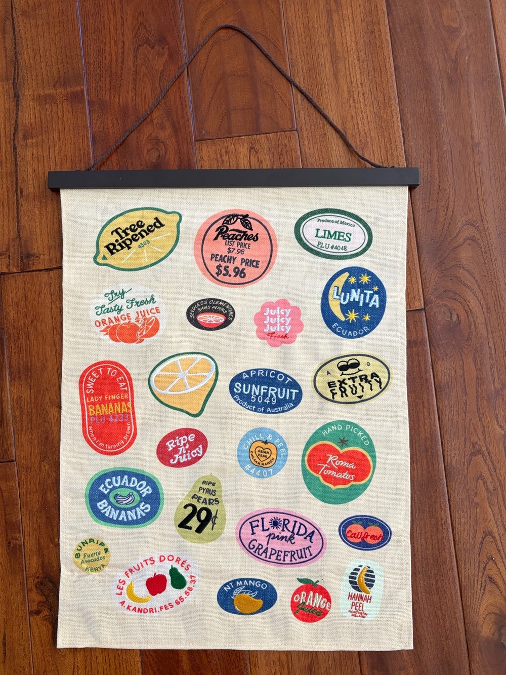 Canvas Scroll Wall Hanging World Market Multicolor Historic Fruit Stickers 14x17